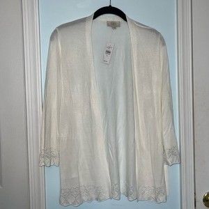 LOFT ivory cream white lightweight cardigan with laser cut floral trim detail